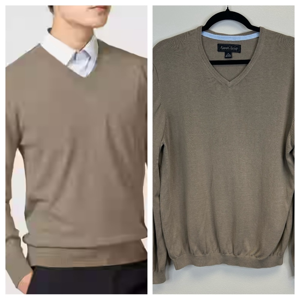 Silk Cotton Kenneth Roberts M Classic V-Neck Sweater Taupe Old Money Career Work